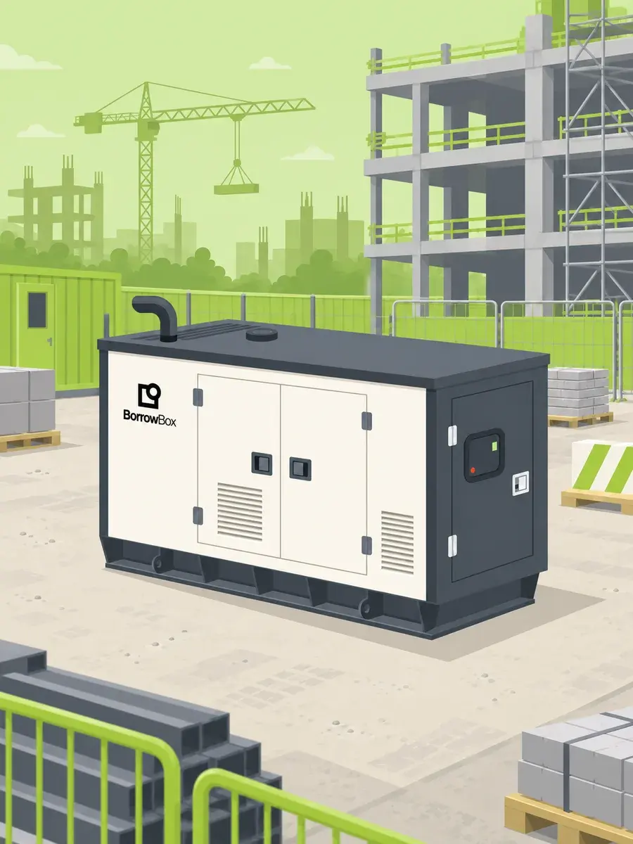 BorrowBox generator powering a construction site beside a tower crane