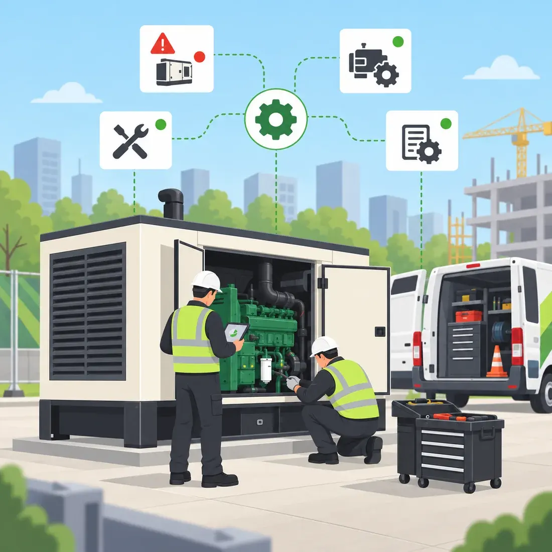 Two technicians servicing an open generator on site, with their van and tools beside them