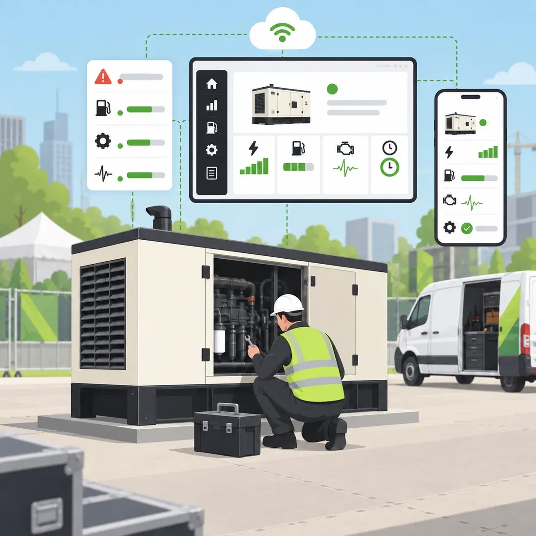 A technician servicing an open generator while its live status, alerts and running hours show on a dashboard and a phone